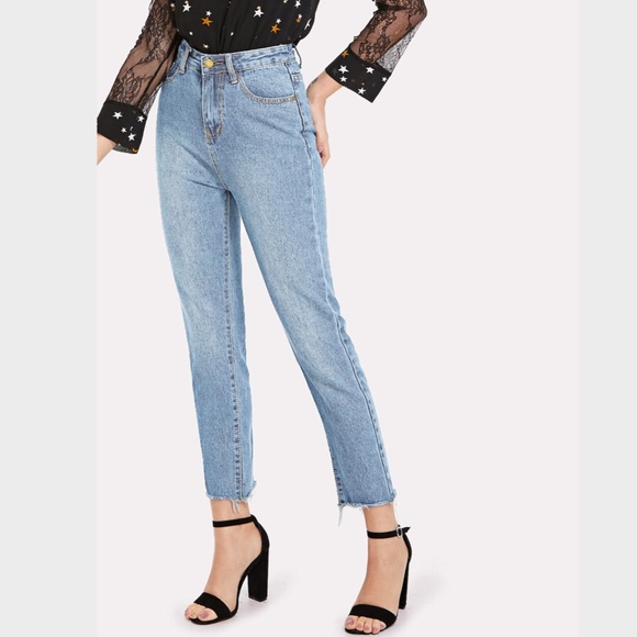 Raw Hem Blue High Waisted Jeans Light Wash - Picture 3 of 7